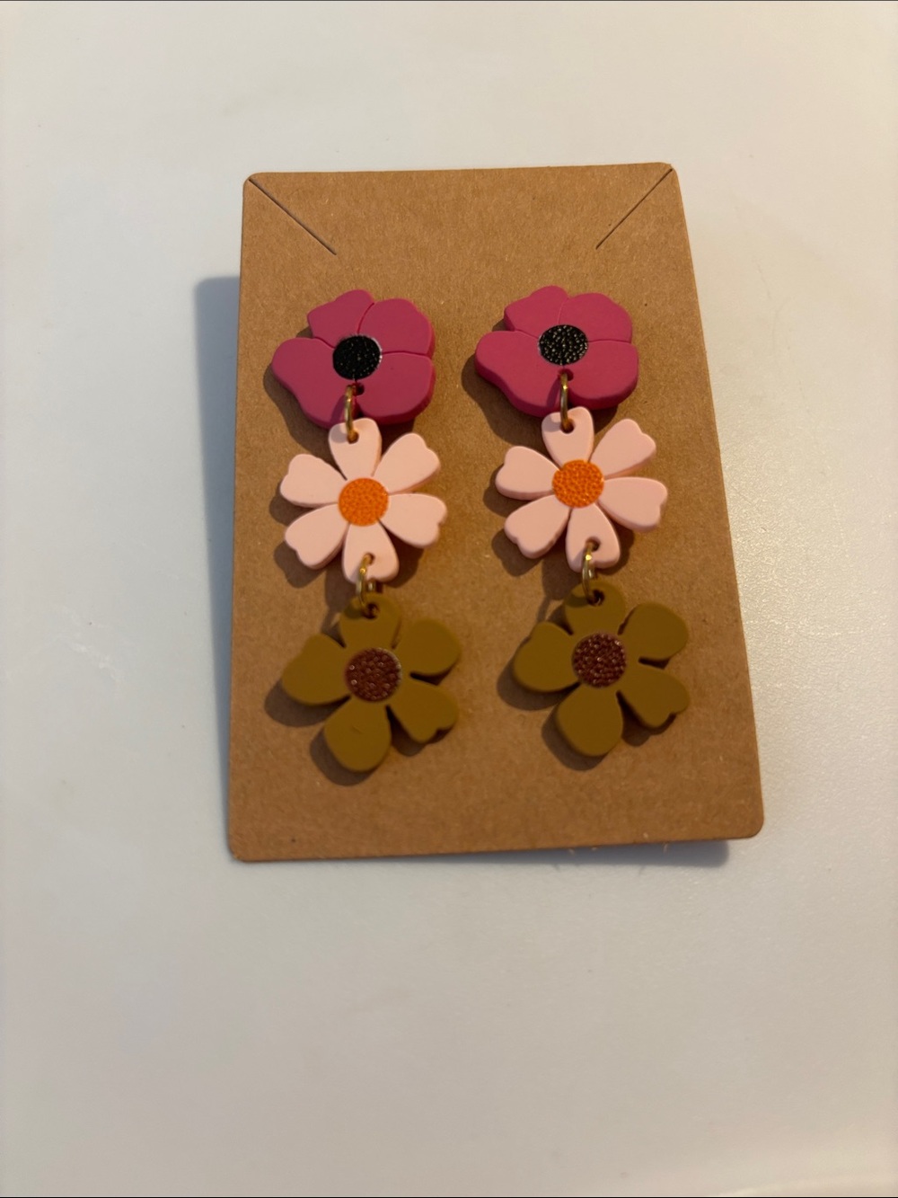 Fashion Jewelry Pink, Light Pink & Olive Layered Flower Drop Earrings